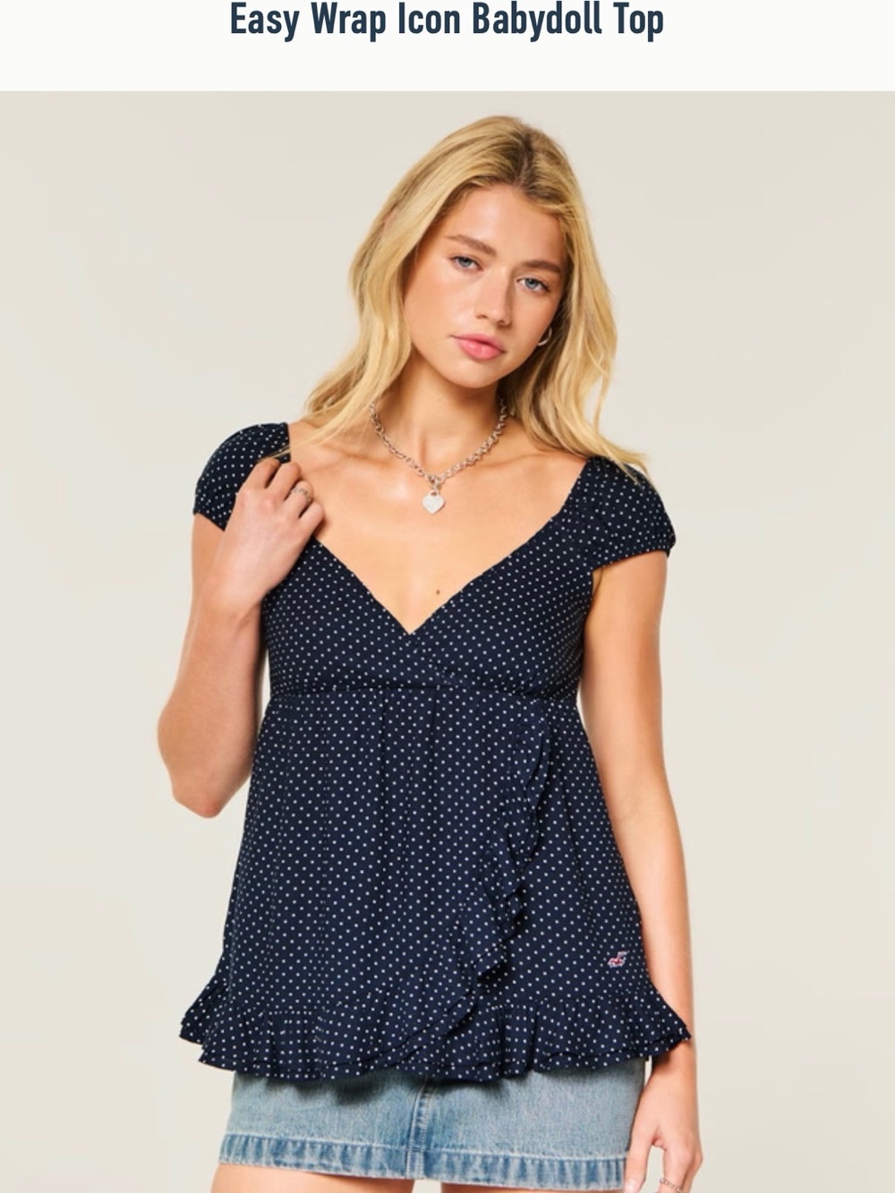 Hollister Navy and White Polka Dot easy Wrap Babydoll Top